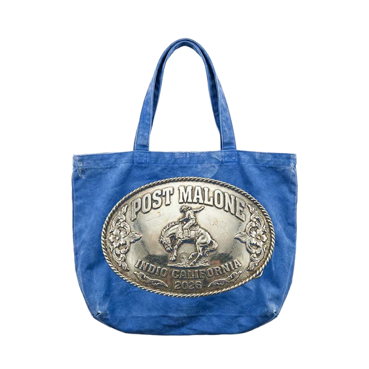 Blue washed denim Post Malone Buckle Desert tote with a large Indio California belt buckle graphic