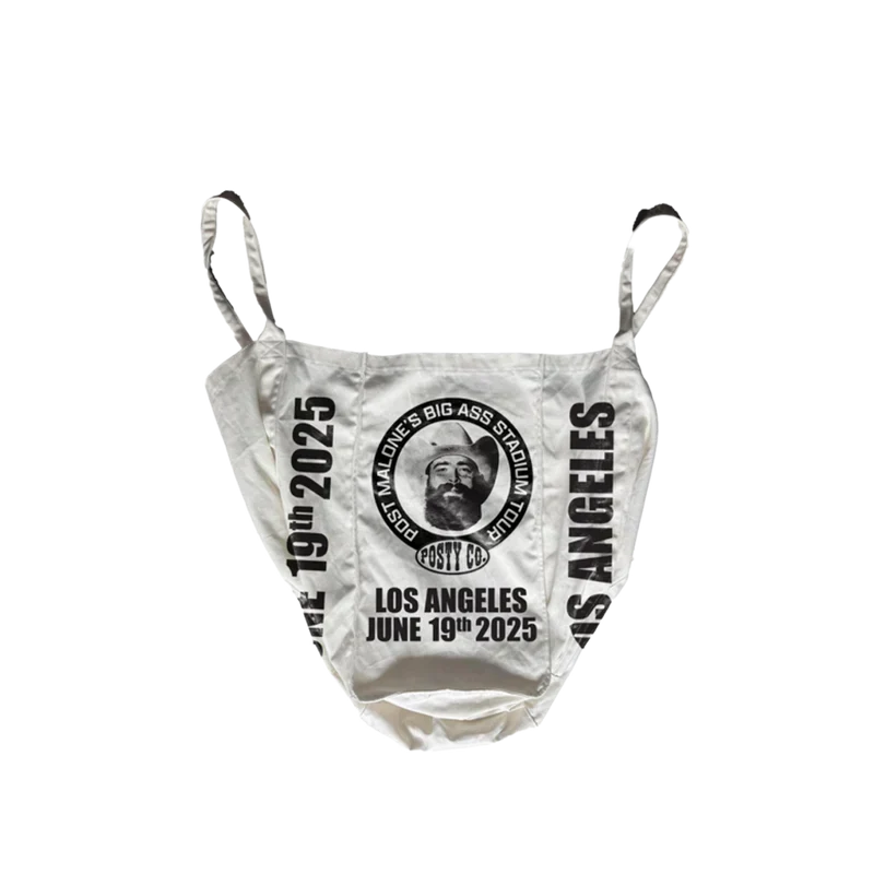 Natural canvas Post Malone LA tour tote with a circular portrait badge and June 19 2025 lettering