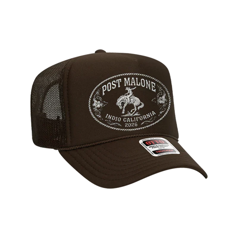 Brown Post Malone Buckle Desert trucker hat with an Indio California bronco rider patch and mesh back