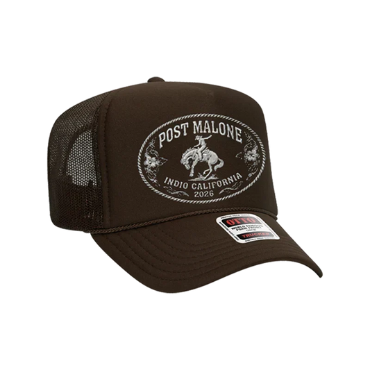 Brown Post Malone Buckle Desert trucker hat with an Indio California bronco rider patch and mesh back