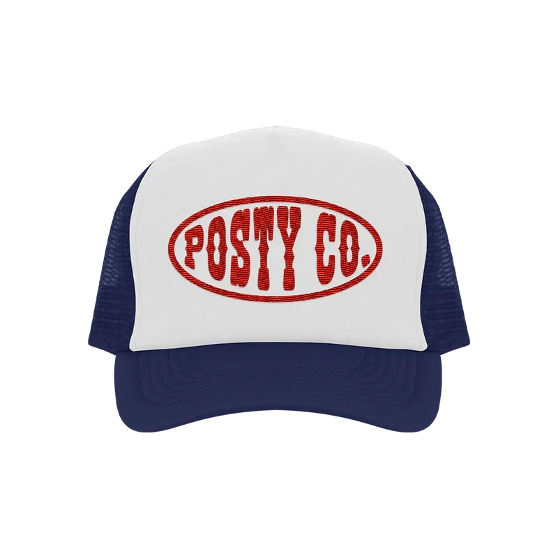 Navy and white Post Malone Posty Co trucker hat with a red oval Posty Co logo on the front panel