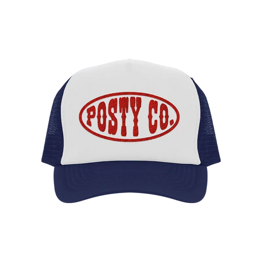 Navy and white Post Malone Posty Co trucker hat with a red oval Posty Co logo on the front panel