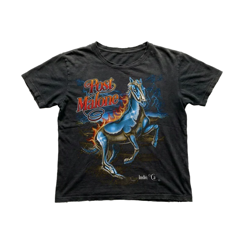 Washed black Post Malone chrome horse tee with an airbrushed blue horse and red script lettering