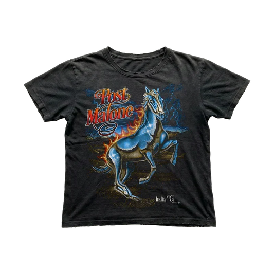 Washed black Post Malone chrome horse tee with an airbrushed blue horse and red script lettering