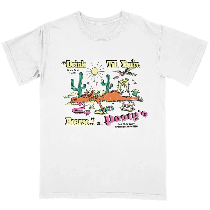 White Drink Till You're Hoarse Posty's tee with a cartoon desert scene and colourful Post Malone text