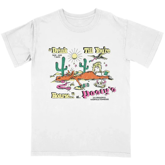 White Drink Till You're Hoarse Posty's tee with a cartoon desert scene and colourful Post Malone text