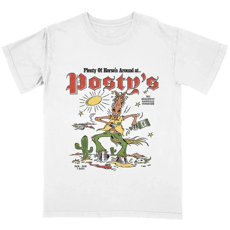 White Horse'n Around Posty's tee with a cartoon horse desert graphic and red Posty's lettering