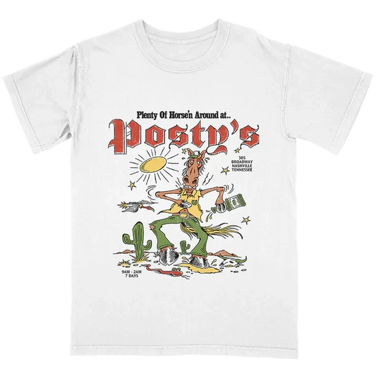 White Horse'n Around Posty's tee with a cartoon horse desert graphic and red Posty's lettering