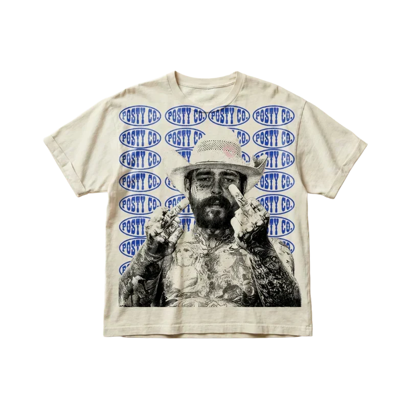 Cream oversized Post Malone tee with an all-over blue Posty Co oval print and a portrait photo