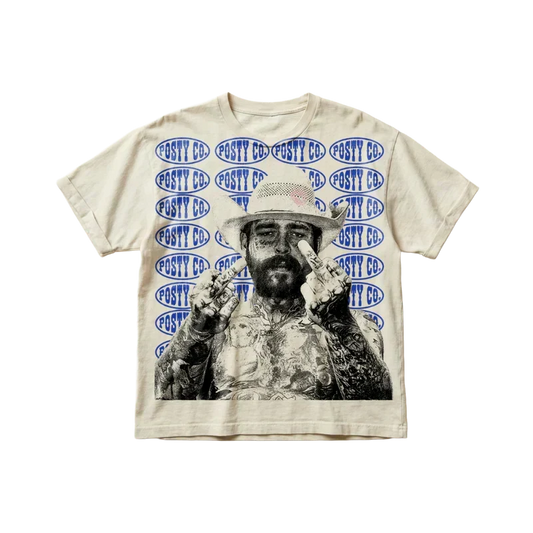 Cream oversized Post Malone tee with an all-over blue Posty Co oval print and a portrait photo
