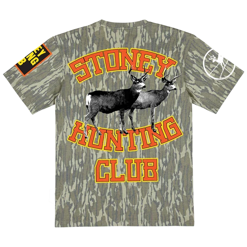 Camo Post Malone Stoney Hunting Club tee back with orange arched lettering and two deer graphics