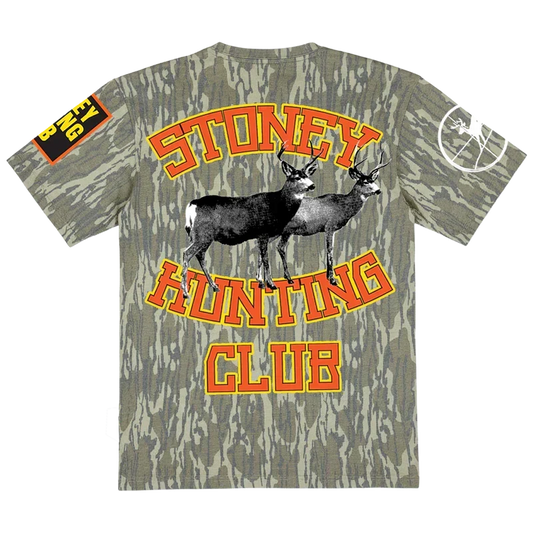 Camo Post Malone Stoney Hunting Club tee back with orange arched lettering and two deer graphics