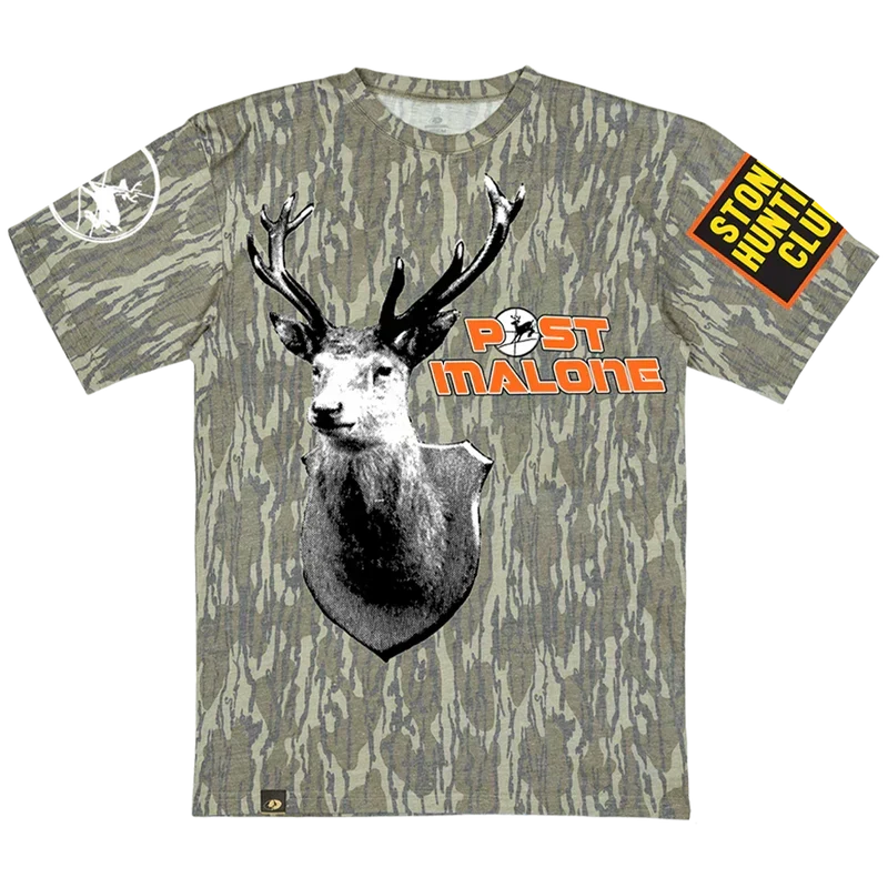 Camo Post Malone Stoney Hunting Club tee with a mounted deer photo, orange lettering and sleeve patch