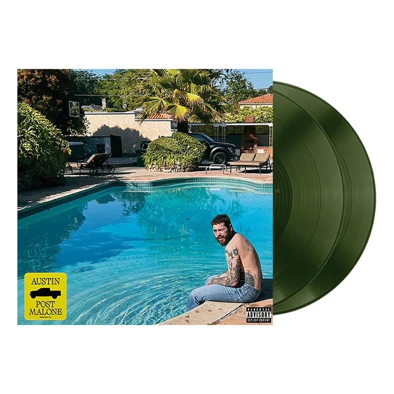Post Malone Austin 2LP vinyl with the poolside album cover art and dark green coloured records