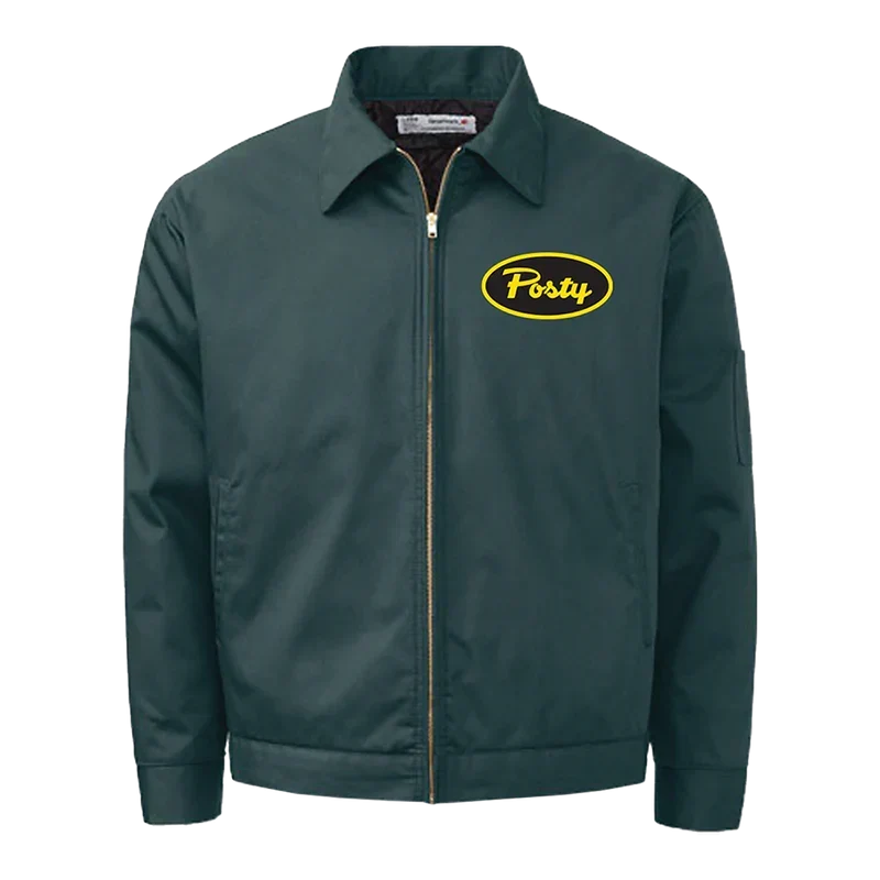 Dark green Post Malone Posty workwear jacket with a yellow oval Posty logo patch on the chest