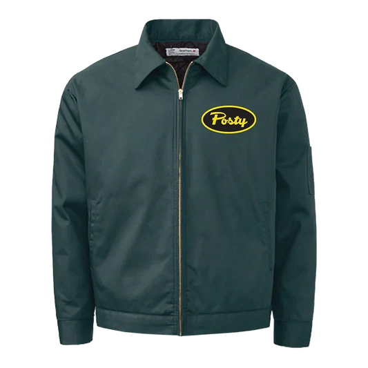 Dark green Post Malone Posty workwear jacket with a yellow oval Posty logo patch on the chest