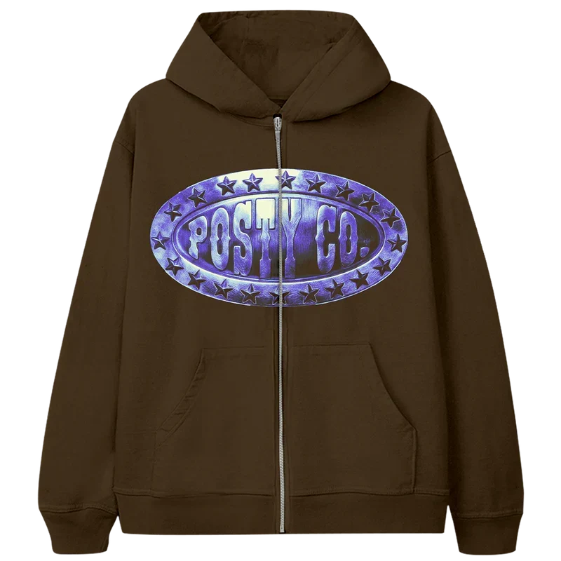 Brown Post Malone Posty Co zip hoodie with a chrome purple oval logo graphic across the chest