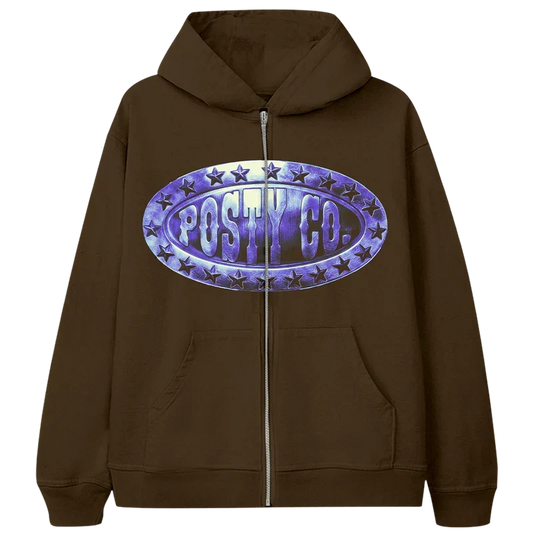 Brown Post Malone Posty Co zip hoodie with a chrome purple oval logo graphic across the chest