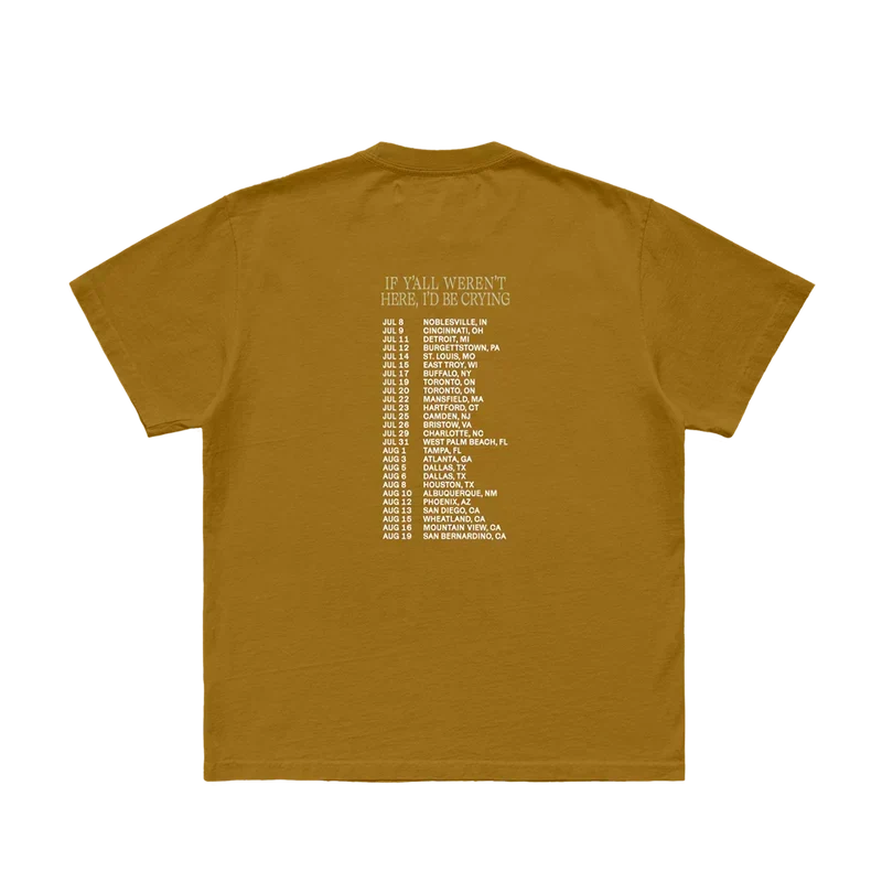 Mustard Post Malone PM photo tee back with the printed tour date listing below the collar seam