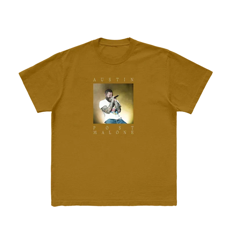 Mustard Post Malone PM photo tee with a framed portrait print and Austin album lettering on the chest