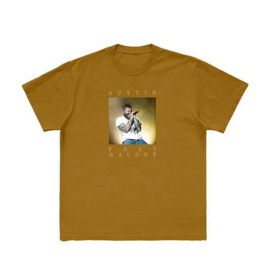 Mustard Post Malone PM photo tee with a framed portrait print and Austin album lettering on the chest