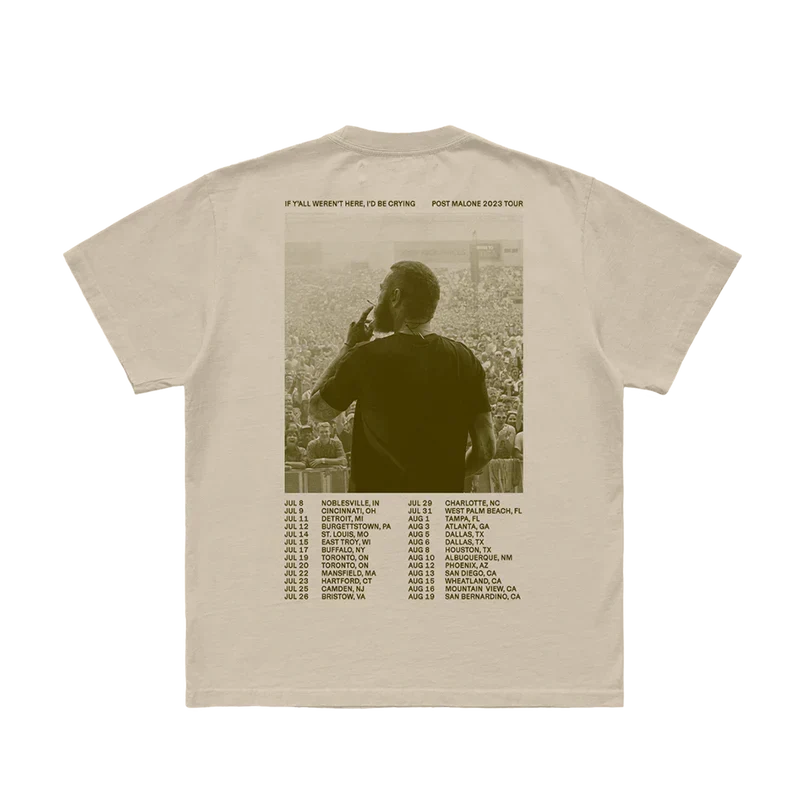 Sand Post Malone Austin tee back with a black and white skyline photo and Crying Tour date listing