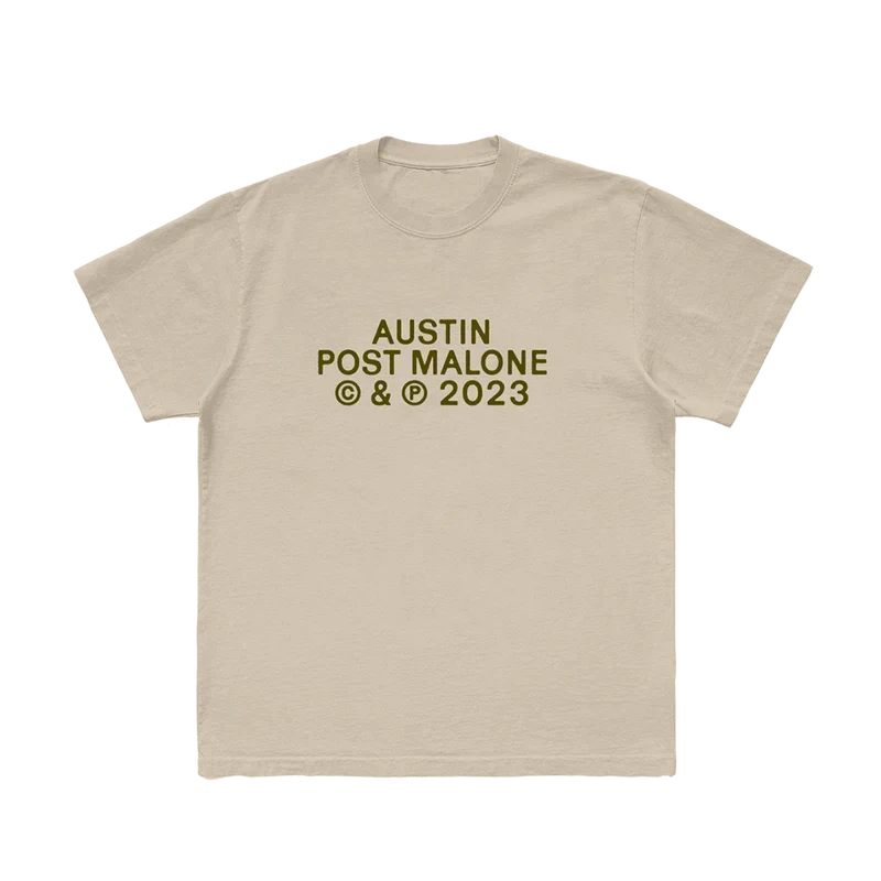 Sand Post Malone Austin tee with brown album lettering and copyright detail printed on the chest