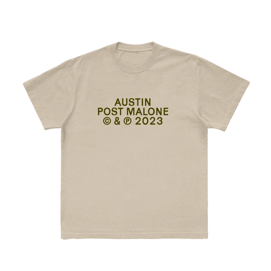 Sand Post Malone Austin tee with brown album lettering and copyright detail printed on the chest
