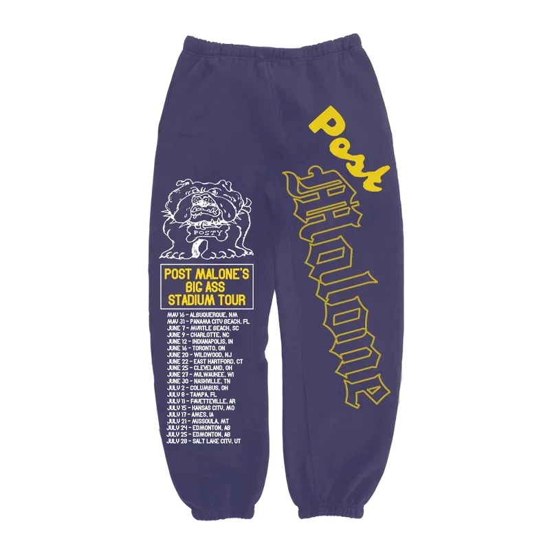Purple Post Malone Posty Bulldog sweatpants with stadium tour dates and yellow vertical leg lettering