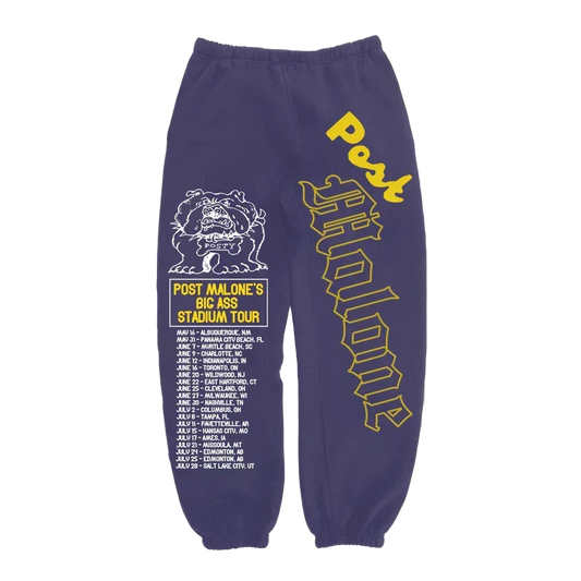 Purple Post Malone Posty Bulldog sweatpants with stadium tour dates and yellow vertical leg lettering