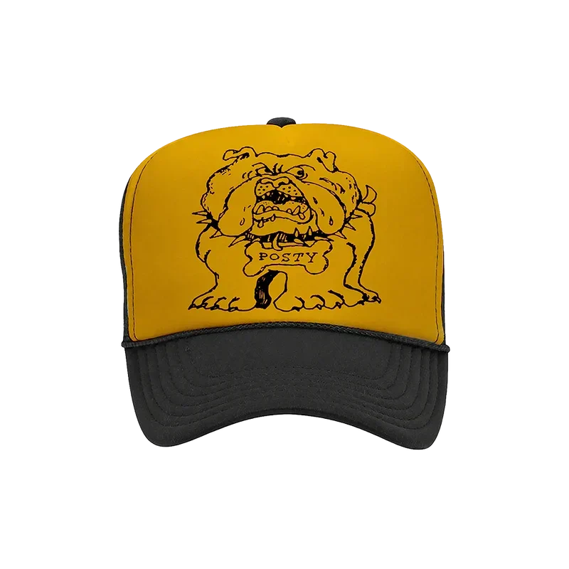 Gold and black Post Malone Posty Bulldog trucker hat with a cartoon bulldog front panel graphic