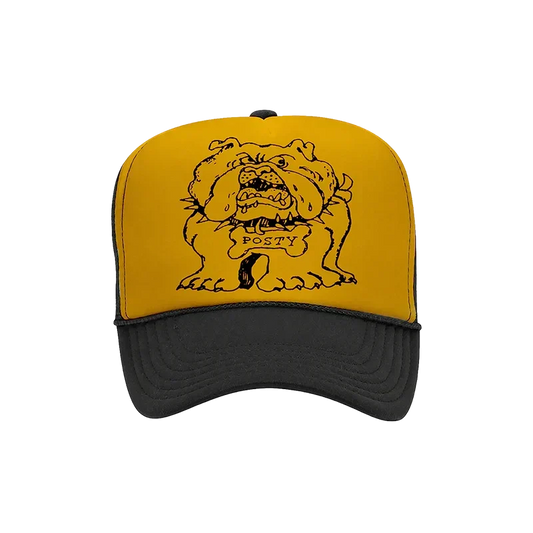Gold and black Post Malone Posty Bulldog trucker hat with a cartoon bulldog front panel graphic