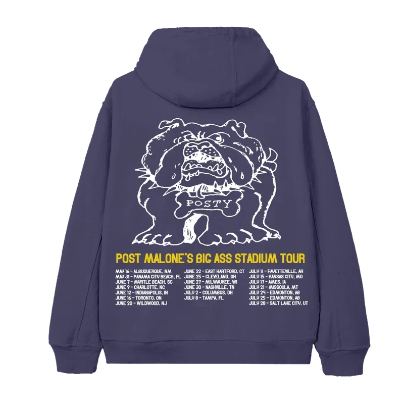 Purple Post Malone Posty Bulldog zip hoodie back with a white bulldog outline and stadium tour dates