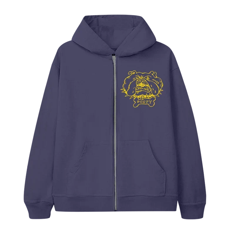 Purple Post Malone Posty Bulldog zip hoodie with a yellow cartoon bulldog graphic on the chest