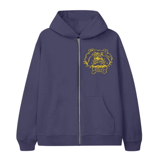 Purple Post Malone Posty Bulldog zip hoodie with a yellow cartoon bulldog graphic on the chest