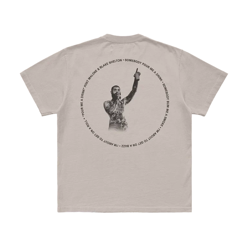 Greige Post Malone Pour Me A Drink tee back with a circular lyric print around a raised arm photo