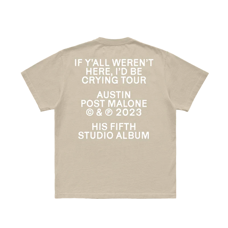 Sand Post Malone sand keys tee back with white Crying Tour and fifth studio album lettering