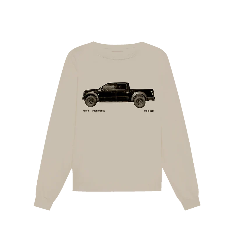 Sand Post Malone sand truck long sleeve tee with a small black pickup truck graphic on the chest