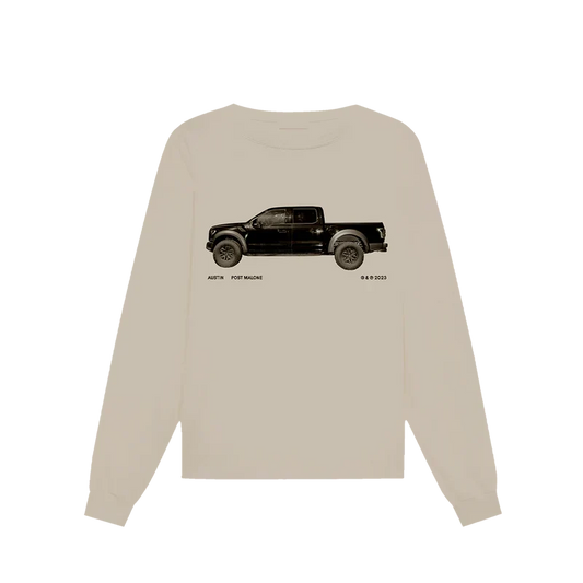 Sand Post Malone sand truck long sleeve tee with a small black pickup truck graphic on the chest