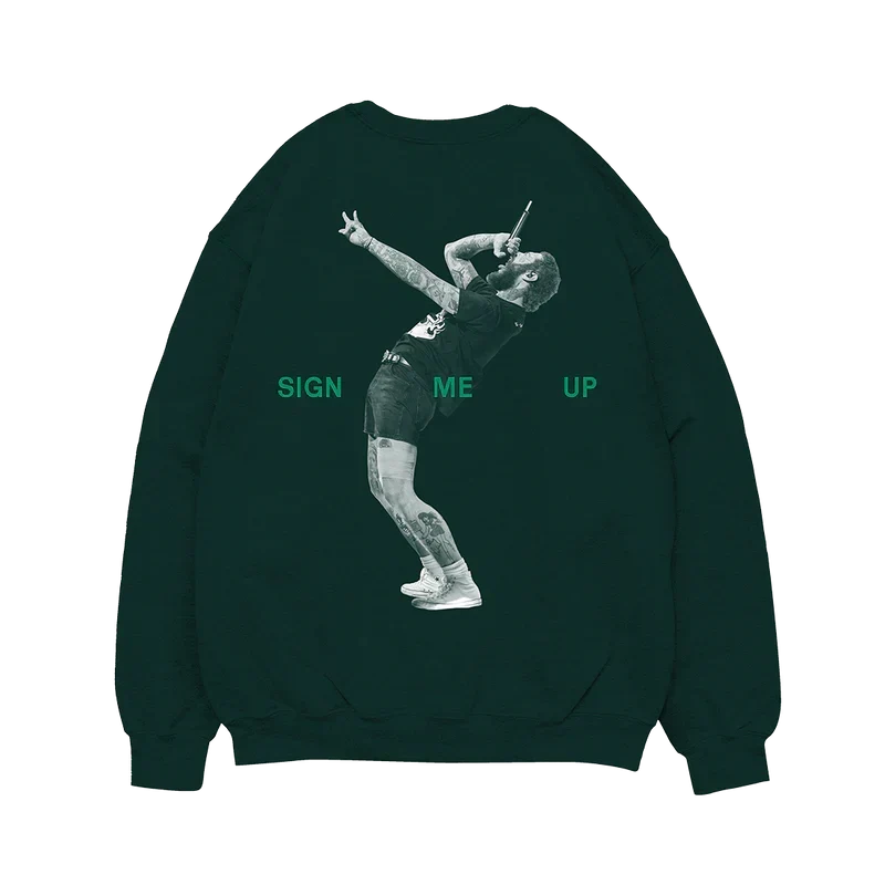 Dark green Post Malone Sign Me Up crewneck back with a halftone performance photo and lettering