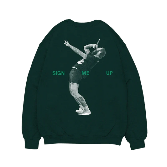 Dark green Post Malone Sign Me Up crewneck back with a halftone performance photo and lettering