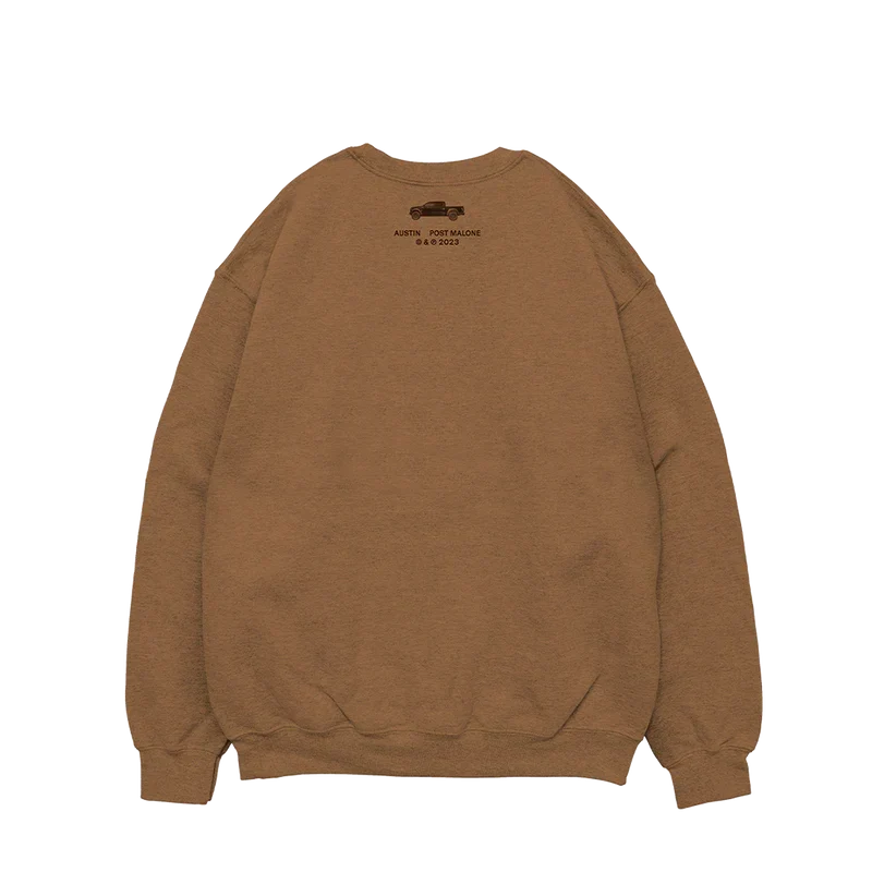 Brown Post Malone tan keys crewneck back with small Austin album lettering below the collar