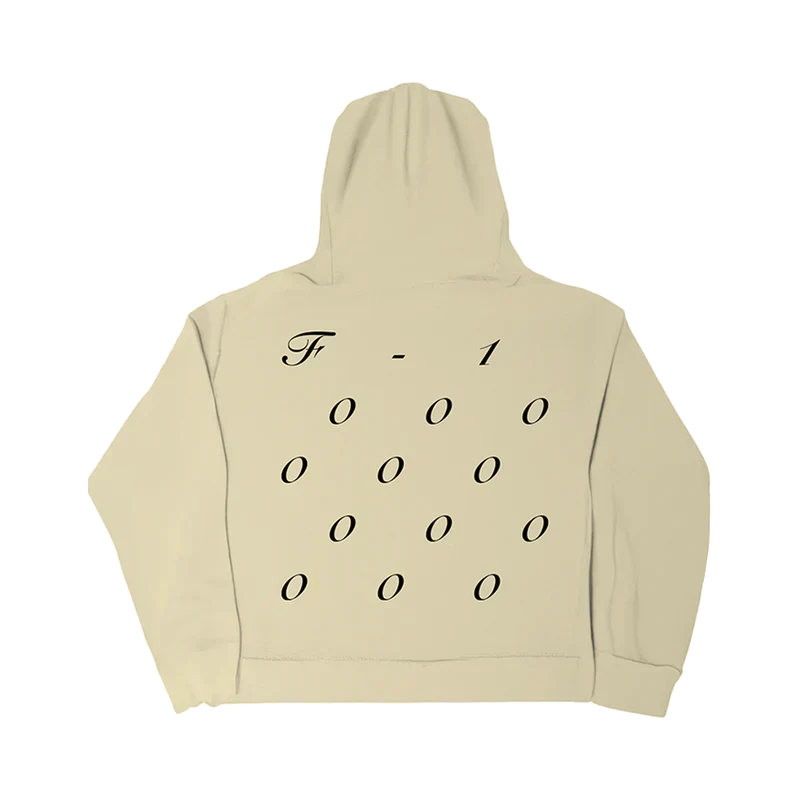 Cream Post Malone tire graphic hoodie back with stacked F-1 zeros lettering in black script