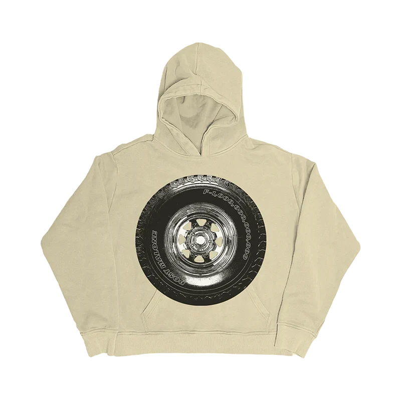 Cream Post Malone tire graphic hoodie with a large chrome wheel photo print across the chest