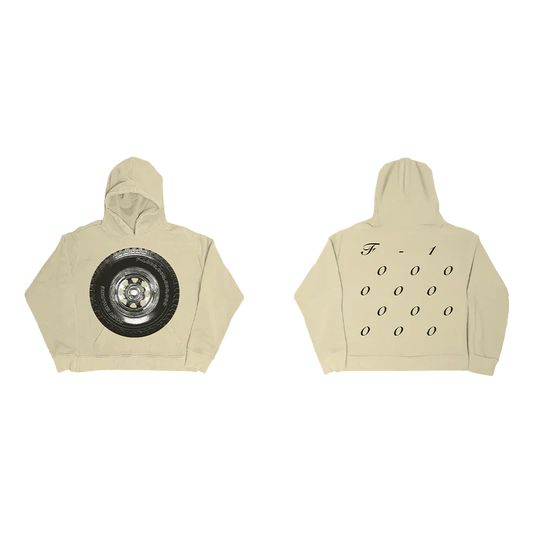 Cream Post Malone tire graphic hoodie shown front and back with wheel and stacked zero prints
