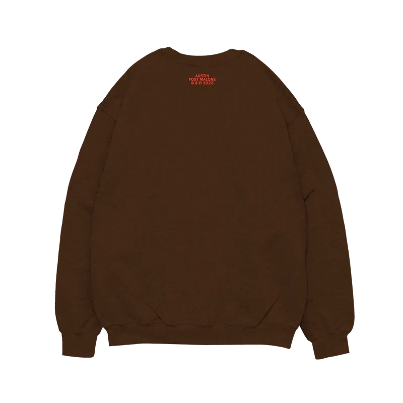 Dark brown Post Malone Too Cool To Die crewneck front with small red lettering below the collar
