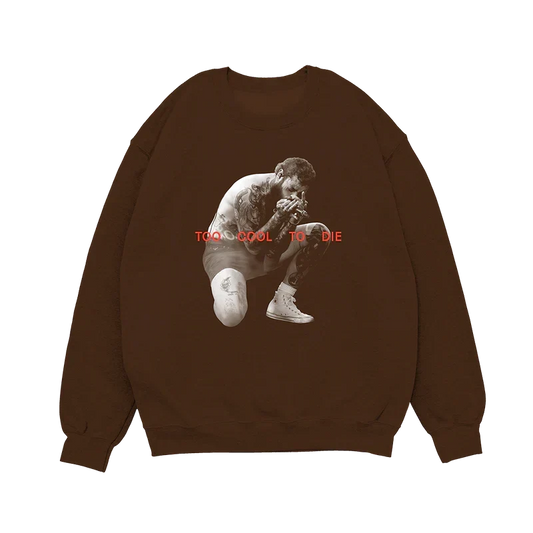 Dark brown Post Malone Too Cool To Die crewneck with a crouching photo and red album lettering