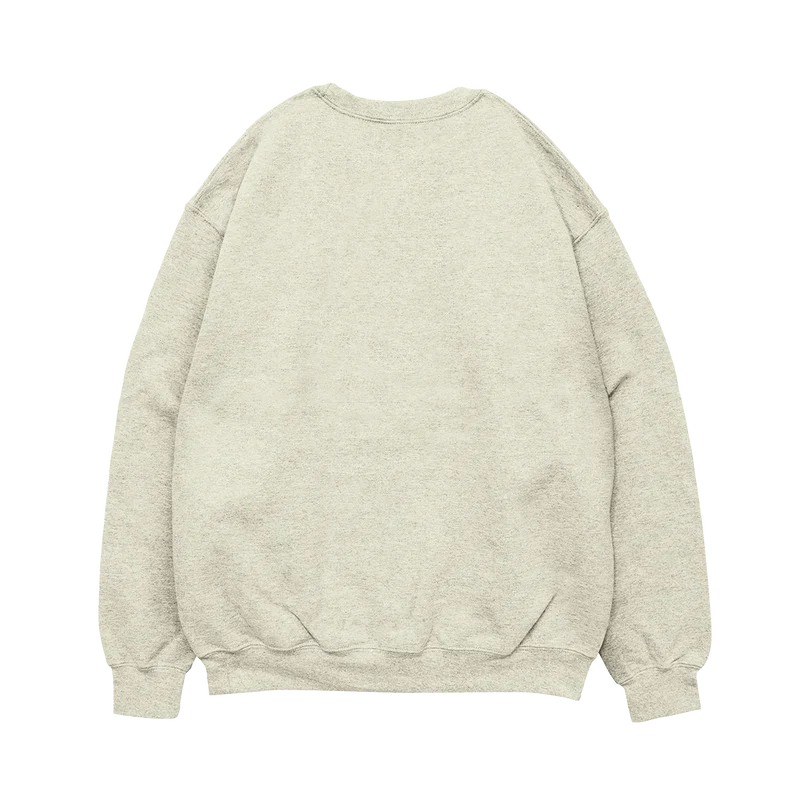 Back of the oatmeal Post Malone tracklist crewneck sweatshirt shown plain with ribbed cuffs