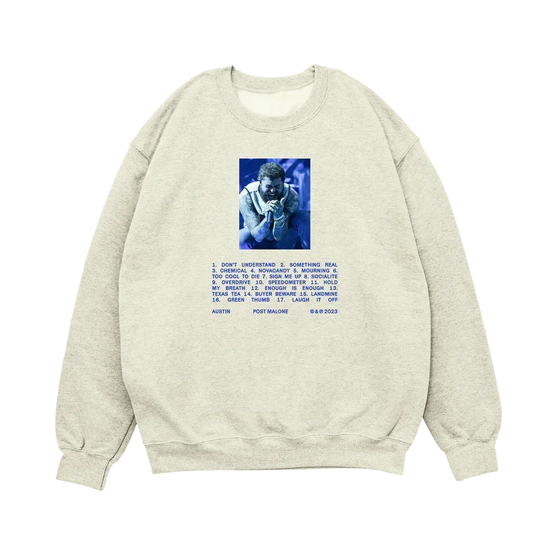 Oatmeal Post Malone tracklist crewneck with a blue photo panel and printed album track listing