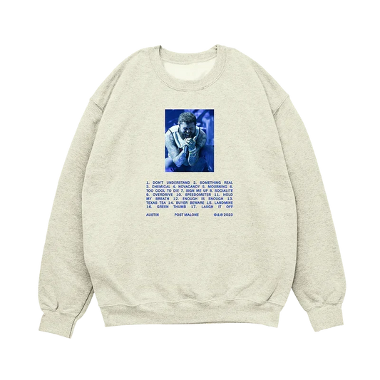 Oatmeal Post Malone tracklist crewneck with a blue photo panel and printed album track listing